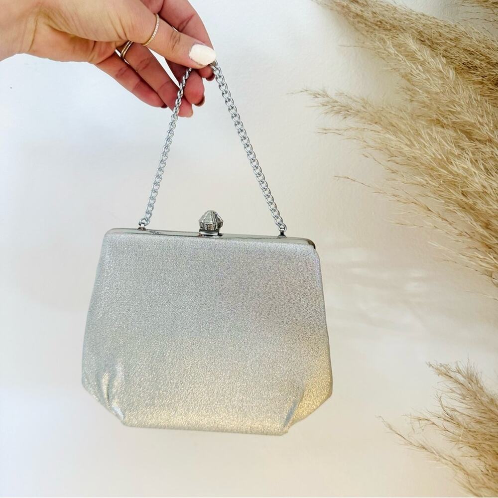 VINTAGE Silver Grey Sparkle Metallic Clutch Hook Clasp Snap Evening Bag Purse